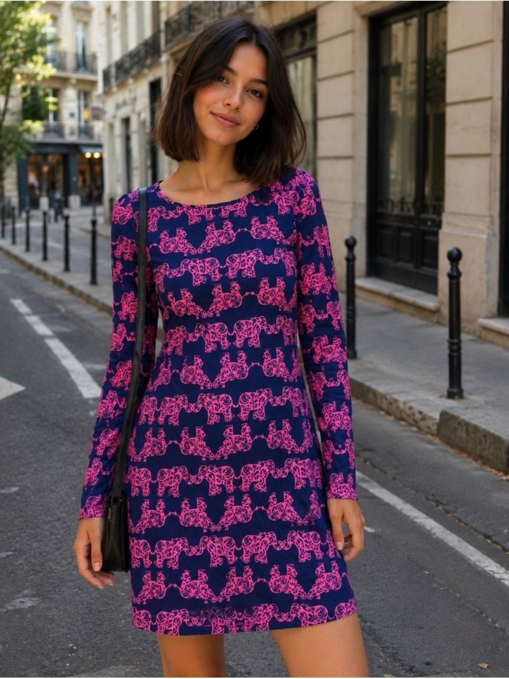 Lilly Pulitzer Marlowe Navy Dress with Pink Elephant Print — Long Sleeve Shift
